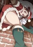  :d brown_hair christmas dress from_below full_body kagari_atsuko legs little_witch_academia looking_at_viewer open_mouth pov red_eyes sidelocks smile uganda 