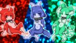  3girls animal_ears blue_eyes blue_hair breasts collar cool_beast_(kemono_friends) furry green_eyes green_hair kemono_friends knees_together_feet_apart looking_at_viewer medium_breasts multicolored multicolored_background multiple_girls multiple_tails navel passion_beast_(kemono_friends) paw_pose pure_beast_(kemono_friends) redhead short_hair tail vostok_(vostok061) 