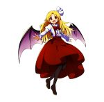  1girl :d baba_(baba_seimaijo) bangs bat_wings blonde_hair blush boots bow fang fingernails full_body hair_bow highres juliet_sleeves kurumi_(touhou) long_fingernails long_hair long_sleeves looking_at_viewer open_mouth outstretched_arms parted_bangs puffy_sleeves red_eyes red_neckwear red_skirt shirt skirt smile solo spread_arms suspender_skirt suspenders thigh-highs thigh_boots touhou touhou_(pc-98) white_shirt wings 