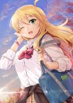  1girl ahoge bag blonde_hair clothes_around_waist diffraction_spikes green_eyes hoshii_miki idolmaster idolmaster_(classic) lens_flare long_hair miri_(ago550421) one_eye_closed open_mouth school_uniform smile solo 