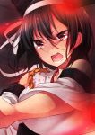  1girl angry bare_shoulders black_hair detached_sleeves hair_between_eyes hair_ornament hair_ribbon headband japanese_clothes kantai_collection medium_hair nontraditional_miko open_mouth out_of_frame red_eyes ribbon shaded_face sk02 solo teeth upper_body white_ribbon yamashiro_(kantai_collection) 