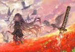  1girl armor bangs bird black_hair blood blood_on_face clouds cloudy_sky crow day demon_archer eyebrows_visible_through_hair fate/grand_order fate_(series) flower from_side hair_between_eyes holding holding_sword holding_weapon japanese_armor katana koha-ace long_hair no_hat no_headwear outdoors rioka_(southern_blue_sky) sky solo spider_lily standing sword very_long_hair weapon 