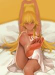  1girl absurdres arms_up as109 barefoot blonde_hair blurry depth_of_field detexted dress feet foreshortening highres leg_up legs long_hair looking_at_viewer lying monogatari_(series) on_back oshino_shinobu own_hands_together pov pov_feet scan short_dress sitting smile soles solo thighs toes white_dress yellow_eyes 