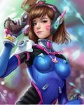  1girl animal_print artist_name bangs blue_bodysuit blurry blurry_background bodysuit breasts brown_hair bunny_print charm_(object) commentary d.va_(overwatch) eyelashes facepaint facial_mark gloves gozde_hepiyiler gun headphones high_collar holding holding_gun holding_weapon light_smile long_hair looking_at_viewer making_of medium_breasts nose overwatch pilot_suit pink_lips ribbed_bodysuit shoulder_pads signature skin_tight solo swept_bangs trigger_discipline upper_body weapon whisker_markings white_gloves 