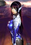  1girl ariverkao black_hair blue_eyes bodysuit breasts clouds dated headgear large_breasts lips long_hair looking_at_viewer original parted_lips profile science_fiction signature solo standing 