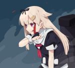  1girl :q arm_at_side black_ribbon blonde_hair blood blood_on_face blue_background clenched_hand closed_mouth eyebrows_visible_through_hair from_side hair_flaps hair_ornament hair_ribbon hairclip kantai_collection leaning_forward long_hair machinery red_eyes ribbon smile solo tongue tongue_out tonmoh wiping_face yuudachi_(kantai_collection) 