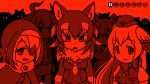  5girls animal_ears aurochs_(kemono_friends) bow bowtie buttons dodo_(kemono_friends) empty_eyes eyebrows_visible_through_hair fur_collar hair_between_eyes hair_over_one_eye hat head_wings horizontal_stripes horns japanese_wolf_(kemono_friends) kemono_friends light_smile long_hair long_sleeves looking_at_viewer midriff multicolored_hair multiple_girls navel necktie passenger_pigeon_(kemono_friends) red short_sleeves striped thylacine_(kemono_friends) trait_connection upper_body vostok_(vostok061) wolf_ears 