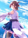  1girl blue_eyes blue_sky boots brown_hair clouds cowboy_shot detached_sleeves flipped_hair from_behind green_skirt hairband headgear hiei_(kantai_collection) horizon kantai_collection looking_at_viewer looking_back nanoha-h no_legwear nontraditional_miko plaid plaid_skirt pleated_skirt ribbon-trimmed_sleeves ribbon_trim short_hair skirt sky solo standing thigh-highs thigh_boots twitter_username water 