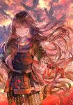  1girl :d armor bangs bird black_hair blood blood_on_face clouds cloudy_sky cowboy_shot crow day demon_archer eyebrows_visible_through_hair fate/grand_order fate_(series) flower hair_between_eyes holding holding_sword holding_weapon japanese_armor katana koha-ace long_hair looking_at_viewer no_hat no_headwear open_mouth outdoors rioka_(southern_blue_sky) sky smile solo spider_lily standing sword very_long_hair weapon 
