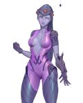  1girl bodysuit breasts center_opening clenched_hand cowboy_shot earrings hair_between_eyes hair_slicked_back head_mounted_display highres jewelry lipstick long_hair looking_at_another makeup medium_breasts nose overwatch pink_bodysuit ponytail purple_lips purple_lipstick purple_skin shiny shiny_clothes short_sleeves simple_background sketch solo spider spider_tattoo stud_earrings visor white_background widowmaker_(overwatch) yeedeea yellow_eyes 