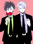  2boys belt black_eyes black_hair blue_eyes dragon_ball dragonball_z expressionless flower formal looking_at_viewer looking_down male_focus multiple_boys necktie pink_background purple_hair ribbon rochiko_(bgl6751010) rose serious short_hair simple_background son_goten suit tied_hair trunks_(dragon_ball) 