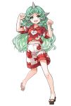  1girl commentary_request full_body green_eyes green_hair highres horn komano_aunn long_hair looking_at_viewer open_mouth paw_pose red_shirt shirt shorts sindre touhou very_long_hair 