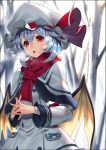  1girl alternate_costume bat_wings blue_hair breath buttons capelet coat cold day fingernails hair_between_eyes hat hat_ribbon interlocked_fingers long_sleeves looking_at_viewer outdoors red_eyes red_ribbon red_scarf remilia_scarlet ribbon scarf solo sukocchi touhou tree upper_body white_hat wings winter 