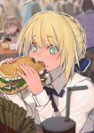  +_+ ahoge artoria_pendragon_(all) blonde_hair blue_bow blue_eyes blue_ribbon blurry blurry_background bow chair commentary_request cup dress eating eyebrows_visible_through_hair fate/stay_night fate_(series) food food_on_face french_fries hair_bun hair_ribbon hamburger holding holding_food lanzi_(415460661) ribbon saber short_hair sitting solo_focus white_dress 