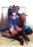  1girl bad_id bad_pixiv_id bangs black_legwear blue_hair blue_leotard blush breasts cleavage closed_mouth dragon_tail fan hair_rings highleg highleg_leotard highres holding holding_fan horns knee_up large_breasts leotard loncspace long_hair looking_at_viewer oni_horns original shoes single_shoe sitting solo tail thigh-highs thighs toes twintails very_long_hair 