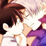  2boys black_eyes black_hair closed_eyes dragon_ball dragonball_z hand_on_another&#039;s_cheek hand_on_another&#039;s_face looking_at_another lowres male_focus multiple_boys noses_touching pink_background purple_hair rochiko_(bgl6751010) simple_background smile son_goten trunks_(dragon_ball) 