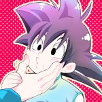  1boy black_eyes black_hair cheek_pinching chinese_clothes dragon_ball dragonball_z hands looking_away lowres male_focus pinching red_background rochiko_(bgl6751010) short_hair simple_background son_goten spiky_hair white_background 