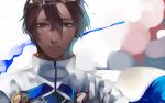  1boy arjuna_(fate/grand_order) brown_eyes brown_hair close-up crying crying_with_eyes_open dark_skin dark_skinned_male eyebrows_visible_through_hair fate/grand_order fate_(series) hair_between_eyes highres ichinosenen jacket looking_at_viewer male_focus parted_lips solo tears 
