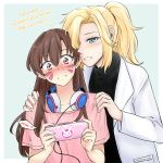  2girls blonde_hair blue_eyes blush brown_hair d.va_(overwatch) english facial_mark flirting handheld_game_console headphones highres labcoat mercy_(overwatch) multiple_girls overwatch playstation_portable yuri 