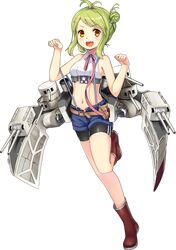  &gt;:d 1girl :d antenna_hair artist_name azur_lane bangs bare_arms bare_shoulders bike_shorts bike_shorts_under_shorts blue_shorts blush boots breasts brown_footwear dot_nose eyebrows eyebrows_visible_through_hair eyelashes facing_away fang full_body green_hair hair_bun hair_ornament horizontal_stripes leg_up legs looking_at_viewer machinery midriff navel official_art omaha_(azur_lane) open_fly open_mouth orange_eyes palms paw_pose ribbon shirt short_hair shorts side_bun sidelocks simple_background sleeveless sleeveless_shirt small_breasts smile solo standing standing_on_one_leg star star_hair_ornament stomach striped striped_ribbon suspenders suspenders_slip swept_bangs tareme tongue transparent_background turret underbust white_shirt 