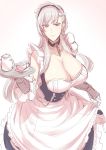  1girl apron bangs blue_dress blue_eyes blush breasts chains cleavage closed_mouth collar copyright_request cup detached_sleeves dress eyebrows_visible_through_hair highres huge_breasts long_hair looking_at_viewer maid maid_apron maid_headdress metal_collar nakamura_regura pink_background silver_hair sketch smile solo standing teacup tray upper_body 