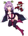  1girl :o automaton_(object) black_legwear boots breasts cape collarbone colonel_olcott_(fate/grand_order) doll fate/grand_order fate_(series) fur_trim garter_straps hat helena_blavatsky_(fate/grand_order) highres looking_at_viewer mistletoe nishimi_shin purple_hair sack santa_costume santa_hat short_hair small_breasts solo thigh-highs violet_eyes 
