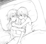  2girls bed blanket doodle hug lowres multiple_girls nagasawa_(tthnhk) pajamas pillow ruby_rose rwby scar scar_across_eye weiss_schnee yuri 