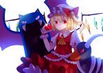  1girl ascot blonde_hair bow commentary_request flandre_scarlet hat hat_bow highres holding looking_at_viewer mob_cap pokemon puffy_short_sleeves puffy_sleeves red_bow red_eyes sakipsakip short_hair short_sleeves side_ponytail touhou wings wrist_cuffs yellow_neckwear 