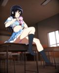  1girl :d black_hair blue_bra blue_skirt blush bow bow_bra bra breasts brown_footwear classroom cleavage desk frilled_bra frills full_body hibike!_euphonium highres indoors knee_up kousaka_reina lifted_by_self loafers long_hair looking_at_viewer medium_breasts neckerchief on_table open_mouth panties pantyshot pantyshot_(sitting) pink_neckwear pink_panties pleated_skirt red_bow sbel02 school_chair school_desk shirt shirt_lift shoes short_sleeves single_shoe sitting skirt smile solo table thighs underwear upskirt violet_eyes white_shirt window 