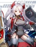  1girl antenna_hair azur_lane bangs black_gloves black_leotard blush breasts character_name closed_mouth flight_deck garter_straps gloves headgear highlights iron_cross jurrig large_breasts leotard long_hair long_sleeves looking_at_viewer mole mole_on_breast multicolored_hair prinz_eugen_(azur_lane) red_gloves redhead revision rigging sideboob sidelocks silver_hair sitting smile solo swept_bangs thigh-highs tsurime two_side_up watermark web_address yellow_eyes 