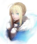  1girl absurdres ahoge armor artoria_pendragon_(all) bangs blonde_hair blue_cape blue_eyes braid breastplate cape fate/stay_night fate_(series) fur_collar fur_trim gorget hair_between_eyes highres looking_at_viewer ohisashiburi parted_lips portrait saber short_hair solo upper_body 