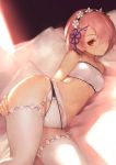  1girl bare_shoulders bra breasts closed_mouth detexted garter_belt hair_ornament hair_over_one_eye hair_ribbon hairband highres lips lolita_hairband looking_at_viewer lying n.a. navel on_bed on_side panties pillow pink_hair ram_(re:zero) re:zero_kara_hajimeru_isekai_seikatsu red_eyes ribbon scan short_hair small_breasts solo thigh-highs underwear underwear_only white_bra white_legwear white_panties x_hair_ornament 