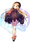  1girl :o black_bow black_dress blonde_hair blue_eyes bow character_request commentary_request dress dress_bow dress_shoes eyebrows_visible_through_hair fate/grand_order fate_(series) frilled_dress frilled_legwear frilled_sleeves frills full_body gothic_lolita hair_bow hands_in_sleeves hat highres holding holding_toy lolita_fashion long_hair long_sleeves looking_at_viewer open_mouth orange_bow shennai_misha shoe_bow shoes solo stuffed_animal stuffed_toy teddy_bear too_many_bows 