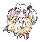  1girl animal_ears azur_lane bell blue_eyes bow cat_ears cat_tail chibi commentary_request hammann_(azur_lane) innertube long_hair looking_at_viewer midriff minami_(colorful_palette) ribbon sandals simple_background solo tail tail_bell tail_bow tail_ribbon twintails white_background white_hair 