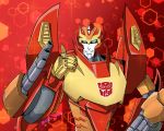  1boy artist_request autobot blue_eyes highres insignia looking_at_viewer machinery no_humans red_background rodimus smile solo thumbs_up transformers 