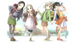  4girls :d aoba_kokona artist_request backpack bag bangs bare_shoulders black_hair blue_eyes blush boots braid bridge brown_hair camisole closed_mouth clothes_around_waist clouds cloudy_sky coat day dress fence flower forehead forest glasses green_eyes hair_between_eyes hair_flower hair_ornament hairclip hand_holding hand_on_hip highres kuraue_hinata long_hair looking_at_viewer loose_socks mountain multiple_girls nature official_art one_eye_closed open_mouth pantyhose red_eyes river saitou_kaede_(yama_no_susume) shoes shop short_hair shorts shorts_under_skirt shoulder_bag skirt sky smile sneakers socks spaghetti_strap sun sunrise sweater_around_waist twintails violet_eyes watch watch yama_no_susume yukimura_aoi 