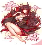  1girl absurdres akagi_(azur_lane) animal_ears azur_lane bad_id bad_pixiv_id bangs bare_legs barefoot black_hair blunt_bangs breasts cleavage_cutout clouds eyebrows_visible_through_hair fox_ears fox_tail full_body hand_on_own_chest highres japanese_clothes kimono large_breasts light_smile long_hair long_sleeves looking_at_viewer multiple_tails parted_lips smile solo tail tetsu_(excalibur920) wide_sleeves yellow_eyes 