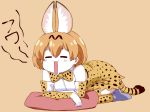  1girl :3 =_= animal_ears bangs bare_shoulders bow bowtie cushion elbow_gloves eyebrows_visible_through_hair facing_viewer full_body gloves high-waist_skirt ishii_hisao kemono_friends kneeling open_mouth orange_background orange_legwear orange_neckwear orange_skirt serval_(kemono_friends) serval_ears serval_print serval_tail shirt short_hair simple_background skirt sleeveless sleeveless_shirt solo tail thigh-highs white_shirt yawning 