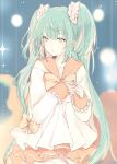  1girl bangs green_eyes green_hair hatsune_miku long_hair lots_of_laugh_(vocaloid) lpip scrunchie solo twintails very_long_hair vocaloid 