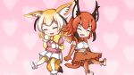  2girls :d ^_^ animal_ears belt blonde_hair bow bowtie brown_gloves brown_hair brown_legwear brown_skirt caracal_(kemono_friends) caracal_ears caracal_tail closed_eyes elbow_gloves eyebrows_visible_through_hair fennec_(kemono_friends) fox_ears fur_trim gloves heart high-waist_skirt kemono_friends multicolored_hair multiple_girls open_mouth parody pink_background pink_sweater pleated_skirt shirt short_sleeve_sweater short_sleeves skirt sleeveless sleeveless_shirt smile sweater tail thigh-highs vostok_(vostok061) white_hair white_skirt yellow_neckwear 
