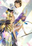  1boy 1girl :o bracelet breasts brown_hair cape character_name collar commentary_request dark_skin earrings ekita_xuan fate/grand_order fate_(series) grin hair_tubes highres holding hoop_earrings jewelry long_hair looking_at_viewer navel nitocris_(fate/grand_order) parted_lips pelvic_curtain purple_hair rider_(fate/prototype_fragments) small_breasts smile standing trait_connection violet_eyes white_cape yellow_eyes 