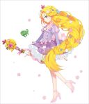  1girl adapted_costume ankle_ribbon blonde_hair braid bubble_skirt chameleon disney flower green_eyes hair_flower hair_ornament hakusai_(tiahszld) high_heels long_hair looking_at_viewer magical_girl parted_lips pascal_(tangled) rapunzel_(disney) ribbon simple_background skirt smirk staff tangled very_long_hair white_background 