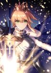  1girl ahoge armor armored_dress artoria_pendragon_(all) blonde_hair cape closed_mouth coat commentary_request crown excalibur fate/stay_night fate_(series) floating_object fur-trimmed_cape fur_trim gauntlets glowing glowing_sword glowing_weapon green_eyes hair_bun light_particles looking_at_viewer necomi outstretched_arm outstretched_hand saber short_hair solo sword weapon 