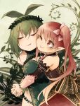  2girls bangs bare_shoulders blush breasts cheek-to-cheek cleavage closed_eyes closed_mouth commentary dress dryad elbow_gloves eyebrows_visible_through_hair gloves green_dress green_hair hair_between_eyes hand_holding highres interlocked_fingers kaginoni leaf leaf_on_head long_hair looking_at_another monster_girl multiple_girls one_eye_closed original parted_lips pink_eyes pink_gloves pink_hair plant_girl pointy_ears short_hair side_ponytail smile 