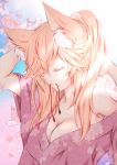 1girl alternate_costume animal_ears breasts cherry_blossoms cleavage closed_eyes fate/extella fate/extra fate/grand_order fate_(series) flower fox_ears gradient gradient_background japanese_clothes kimono large_breasts long_hair pink_hair sheepd solo tamamo_(fate)_(all) tamamo_no_mae_(fate) 