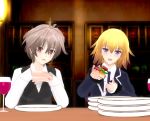  1boy 1girl 3d ahoge bangs blonde_hair blush brown_hair commentary couple cup drinking_glass eyebrows_visible_through_hair fate/apocrypha fate_(series) food hands hetero holding holding_food jacket jeanne_d&#039;arc_(fate) jeanne_d&#039;arc_(fate)_(all) long_hair long_sleeves necktie open_clothes open_jacket plate purple_neckwear red_eyes sansei_gomesu shirt short_hair sieg_(fate/apocrypha) table uniform violet_eyes waistcoat white_shirt wine_glass 