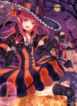 1girl :d azaka_(rionrita) bat bat_wings black_legwear blue_eyes blush capelet demon_tail detached_sleeves dress elizabeth_bathory_(halloween)_(fate) fang fate/grand_order fate_(series) ghost halloween hat horns lancer_(fate/extra_ccc) long_hair looking_at_viewer micro_bikini_top open_mouth pumpkin sidelocks smile solo striped tail thigh-highs vertical-striped_dress vertical_stripes wings witch_hat