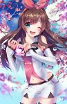  1girl ;d a.i._channel artist_name bare_shoulders black_ribbon blue_eyes blue_sky blurry blush breasts brown_hair cherry_blossoms cowboy_shot day depth_of_field detached_sleeves eyebrows_visible_through_hair hair_ribbon heart heart_hands heart_of_string highres kizuna_ai long_hair long_sleeves looking_at_viewer medium_breasts multicolored_hair navel neck_ribbon one_eye_closed open_mouth outdoors pink_hair pink_ribbon ribbon round_teeth shirt sky sleeves_past_wrists smile solo squadra standing stomach tareme teeth two-tone_hair water water_drop white_shirt 