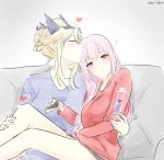  ! 2girls artist_name artoria_pendragon_(all) artoria_pendragon_(lancer_alter) blonde_hair blue_shirt blush braid casual closed_eyes collarbone controller couch fate/grand_order fate_(series) florence_nightingale_(fate/grand_order) french_braid head_kiss heart holding horns kiss long_hair long_sleeves multiple_girls pink_hair red_eyes red_shirt remote_control shirt sitting udon-udon yuri 