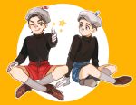 2boys artist_name bandaid bandaid_on_face belt black_shirt brothers cuphead cuphead_(game) eyelashes gloves grey_hair looking_at_another male_focus mugman multiple_boys personification pointing pointing_at_viewer rosel-d shirt shorts siblings sweater turtleneck turtleneck_sweater white_gloves yellow_background 